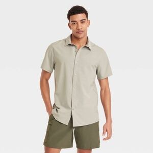 Men's Short Sleeve Woven Shirt - All In Motion Olive Green Relaxed Fit Quick Dry